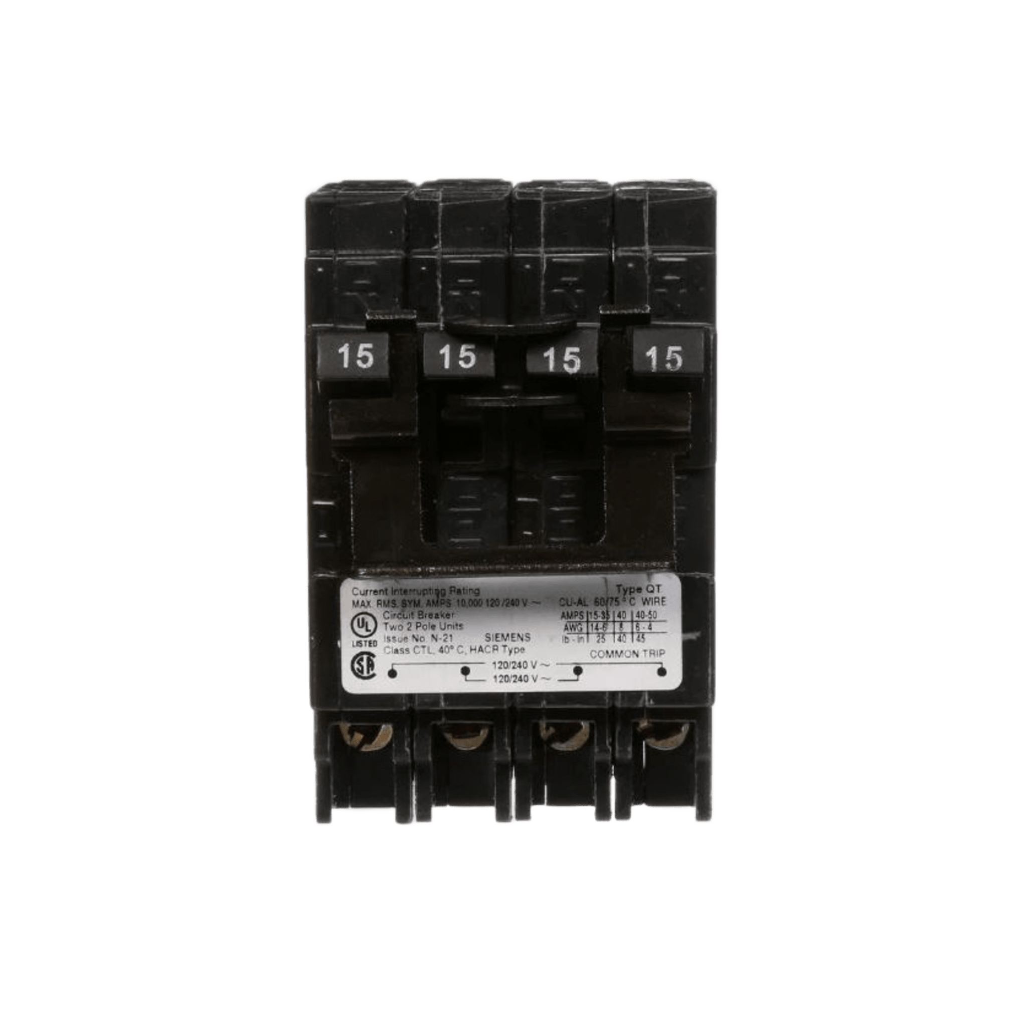 Interruptor automático TRIPLEX enchufable tipo QT 2 polos simples, 1 polo doble, 15-50 amp