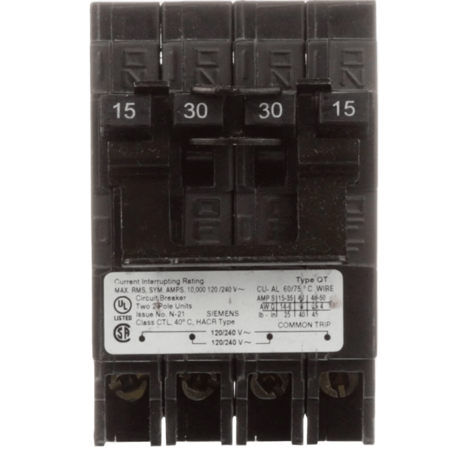 Interruptor automático CUADRUPLEX enchufable tipo QT 2 polos dobles, 20-20 amp