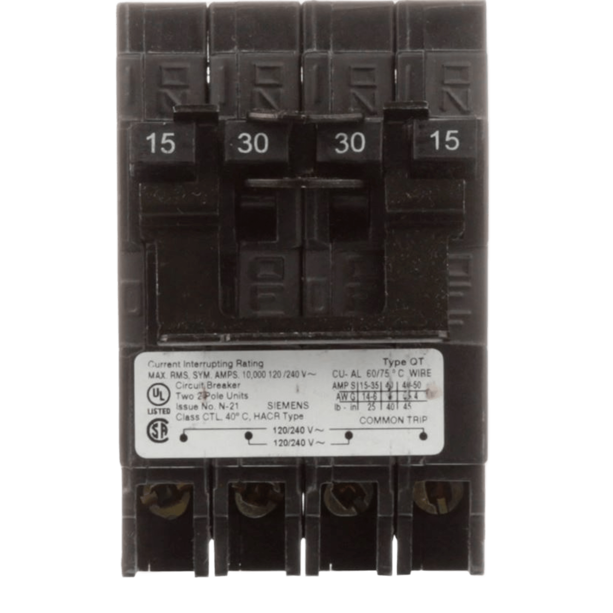 Interruptor automático CUADRUPLEX enchufable tipo QT 2 polos dobles, 30-20 amp