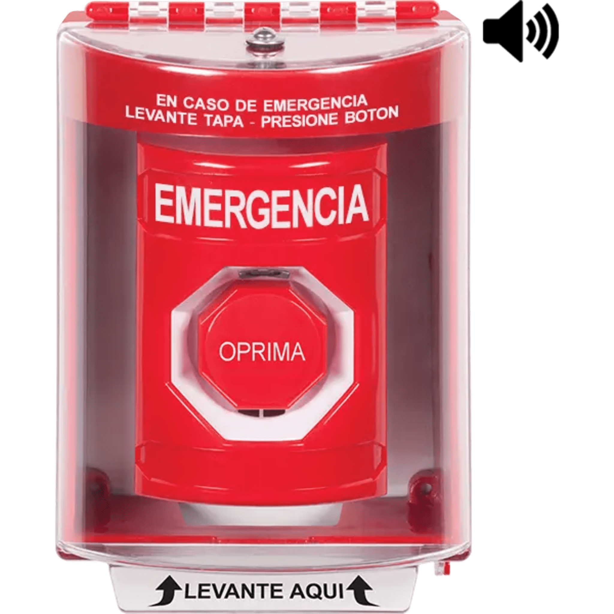 ​Botón Multipropósito, Color Rojo, De Superficie con Espaciador, C/Tapa De Policarbonato, C/Bocina Pre Alarma, Interior/Exterior, Llave Para Restablecer, Texto De Emergencia, Español