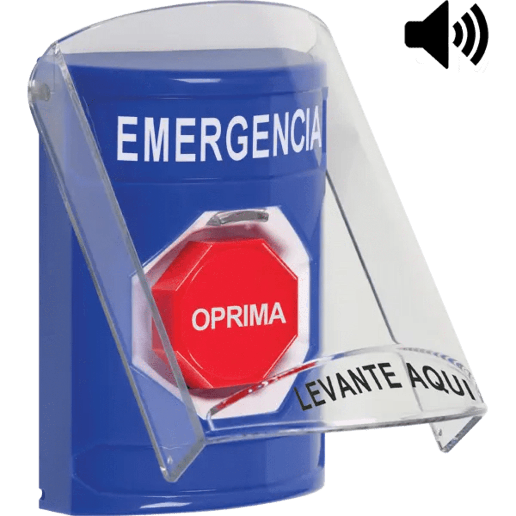 ​Botón Multipropósito, Color Azul, De Superficie, Con Tapa De Policarbonato, Con Bocina Pre Alarma, Solo Interior, Llave Para Restablecer, Texto De Emergencia, Español