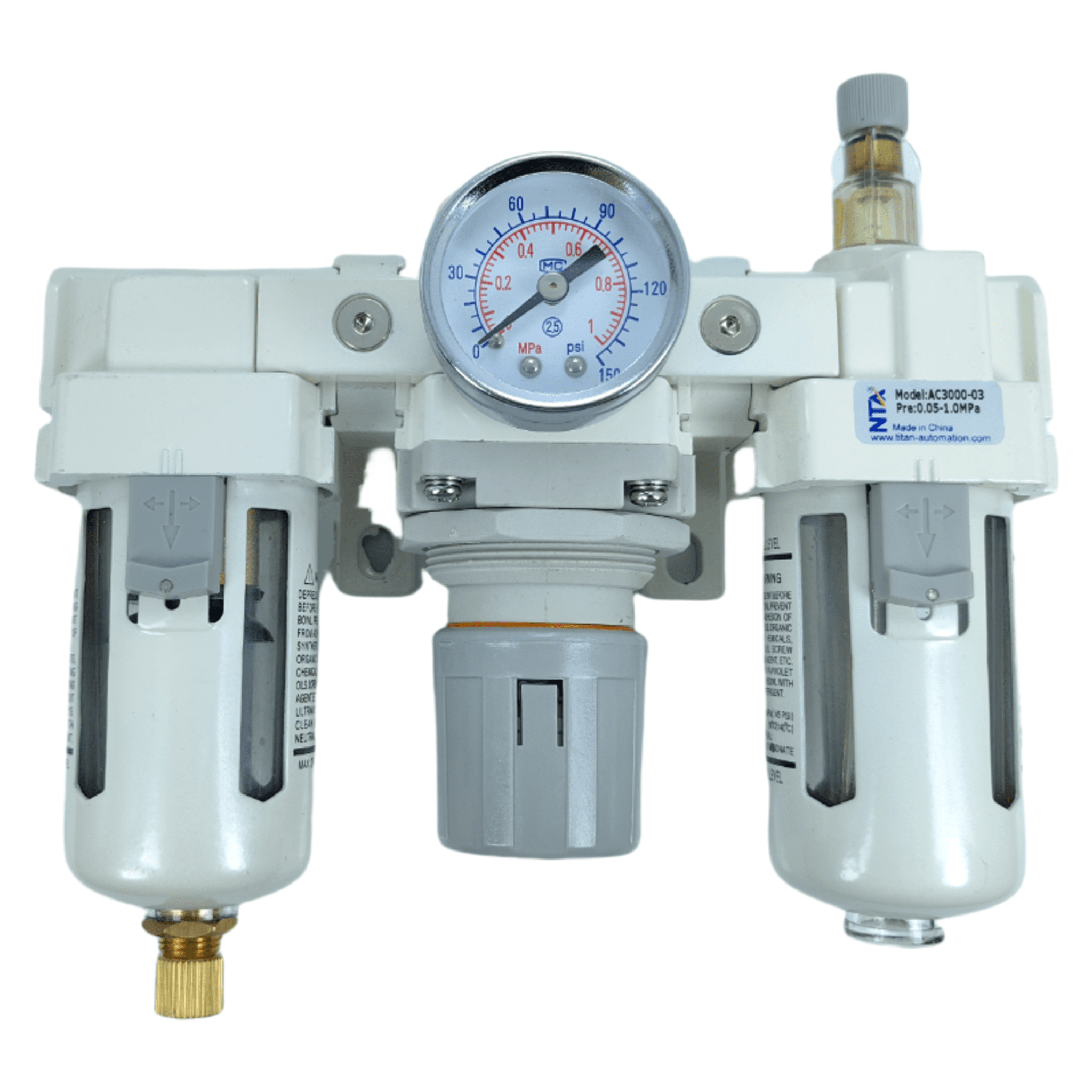 Lubricador de Regulador de Filtro NTA-AC3000-03 / Puerto G3/8´´ / Presión Máxima 150 psi / Caudal Máximo 2200 L/min / Precisión de Filtro 40µm