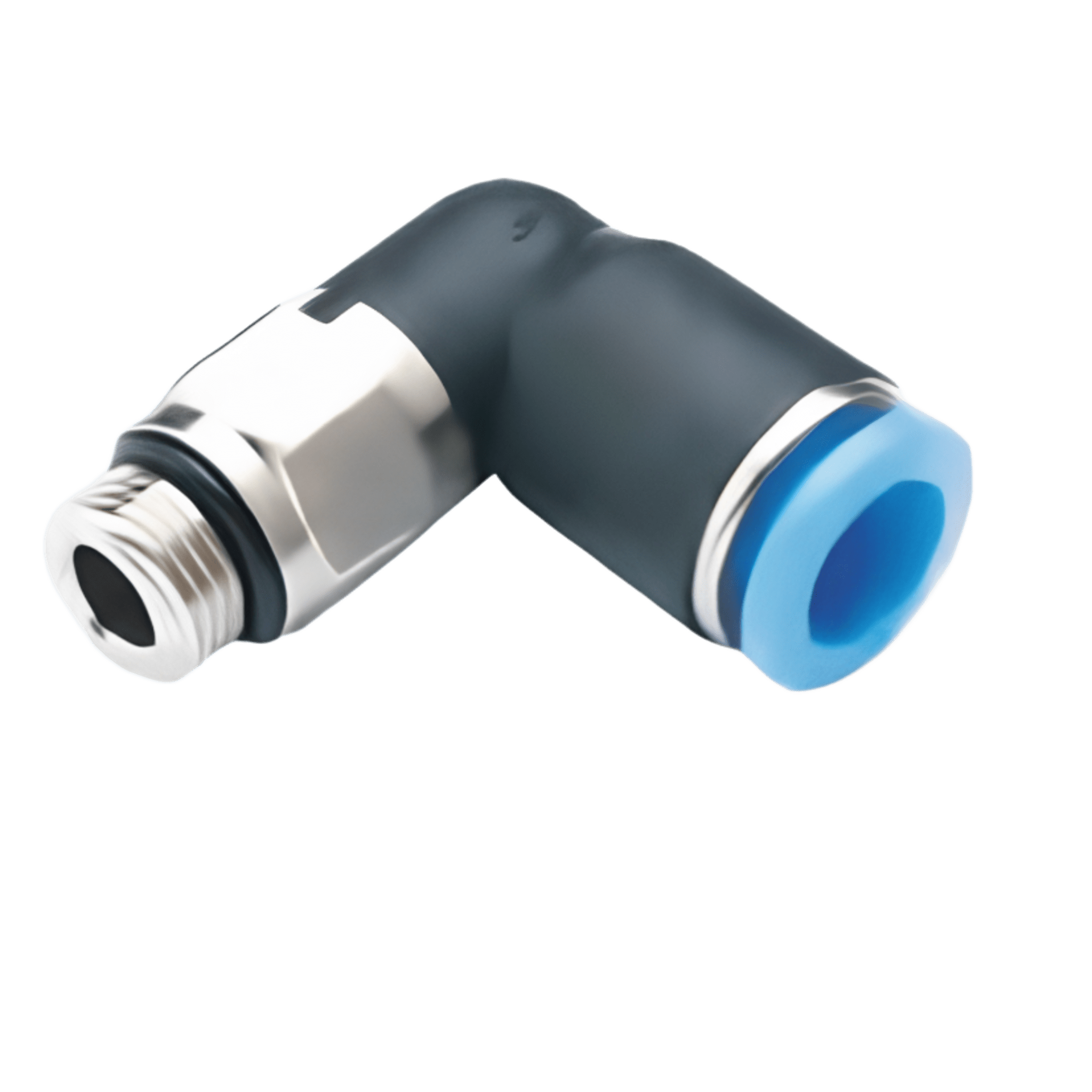 Conector Rápido Neumático Tipo Codo 90° Orientable / Manguera Reina 8 mm / Rosca 1/8" G BSPP / Sello O-Ring / Para Manifolds de Válvulas y Sensores de Presión