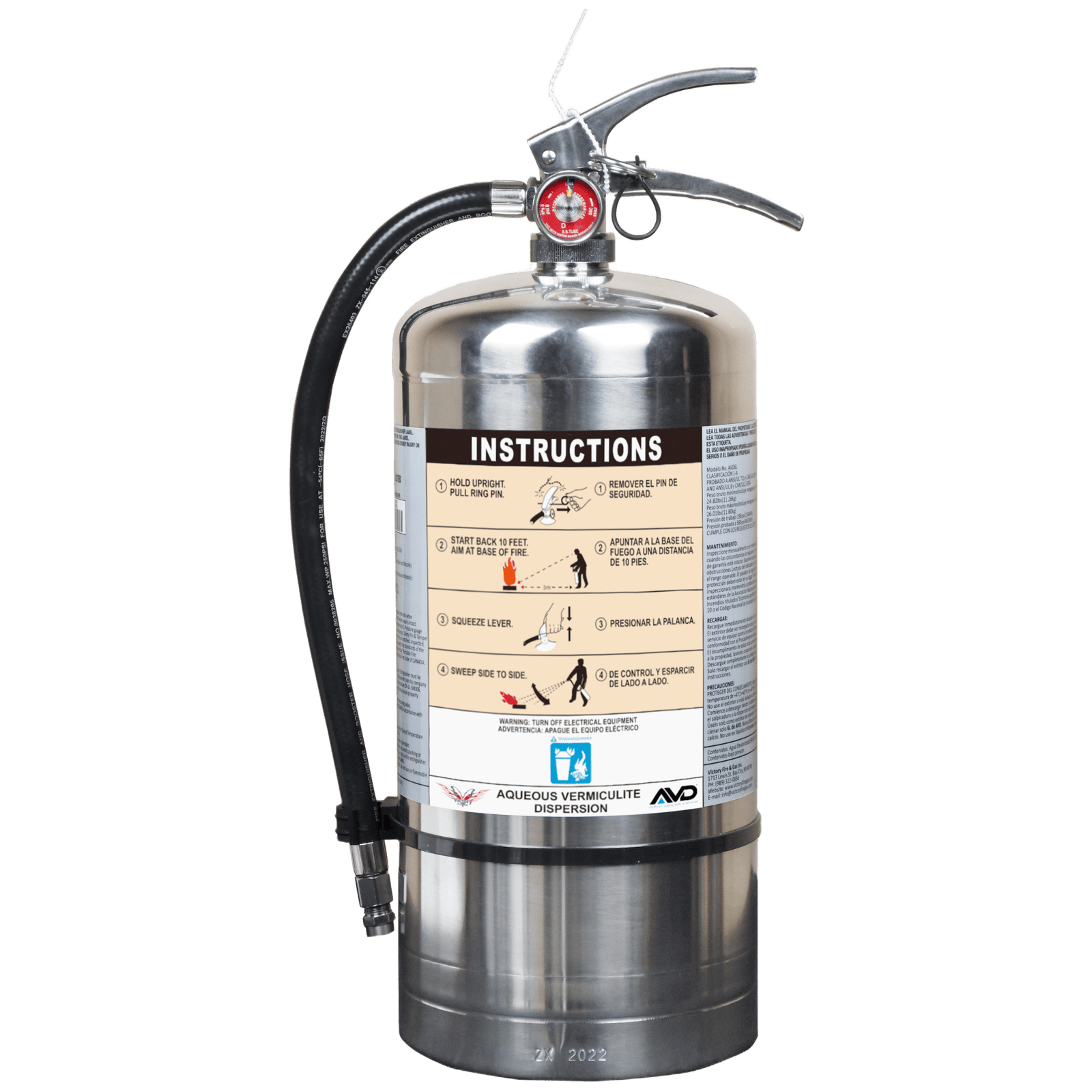 Extintor de Agua con Agente AVD de 6 Litros / Especializado en Baterías de Litio / Clase A / UL EX29073 / Cilindro Acero Inoxidable / Válvula Latón / 72s Descarga / 3-3.6 m Alcance