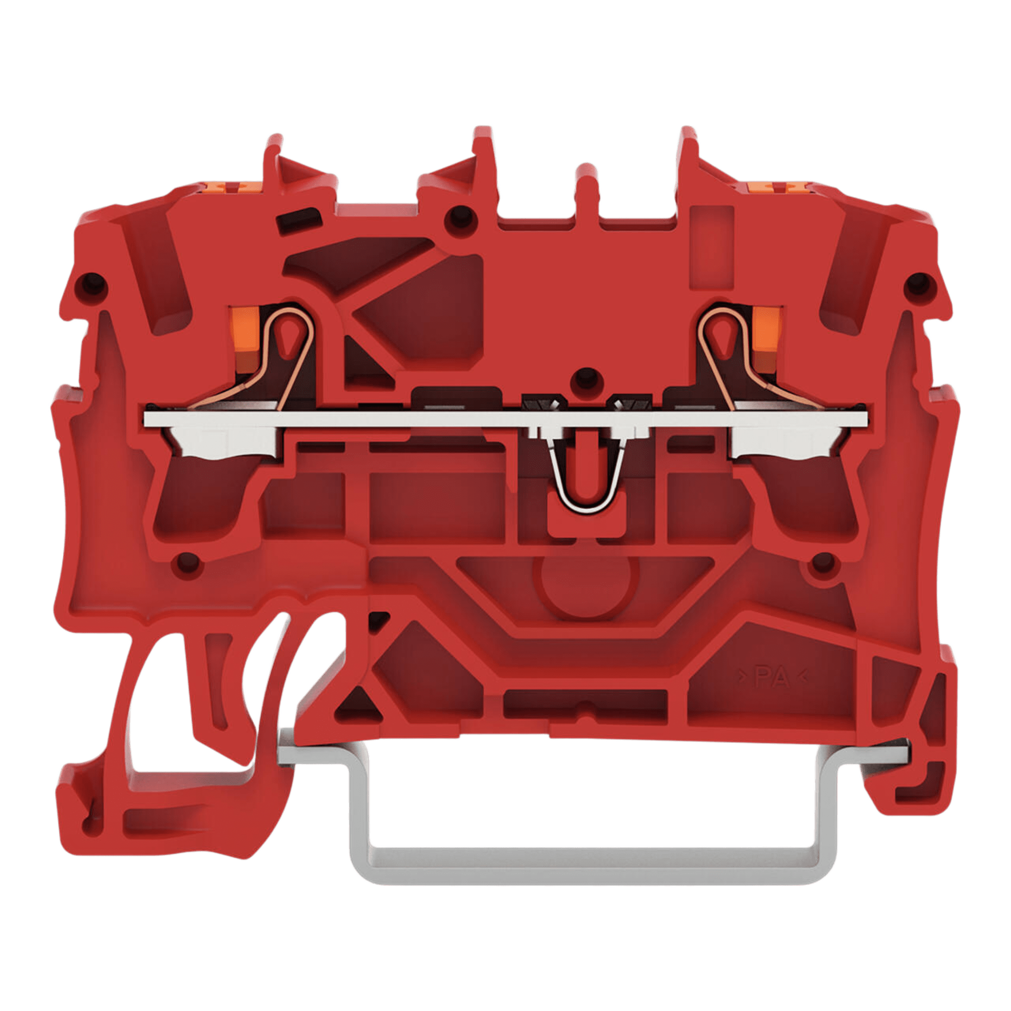 Borna de Paso / Push-in CAGE CLAMP® / 2.5 mm² / Tecla de Accionamiento / Aplicaciones Ex e II / Carril DIN 35 x 15 y 35 x 7.5 / Marcaje Lateral y Central / COLOR ROJO