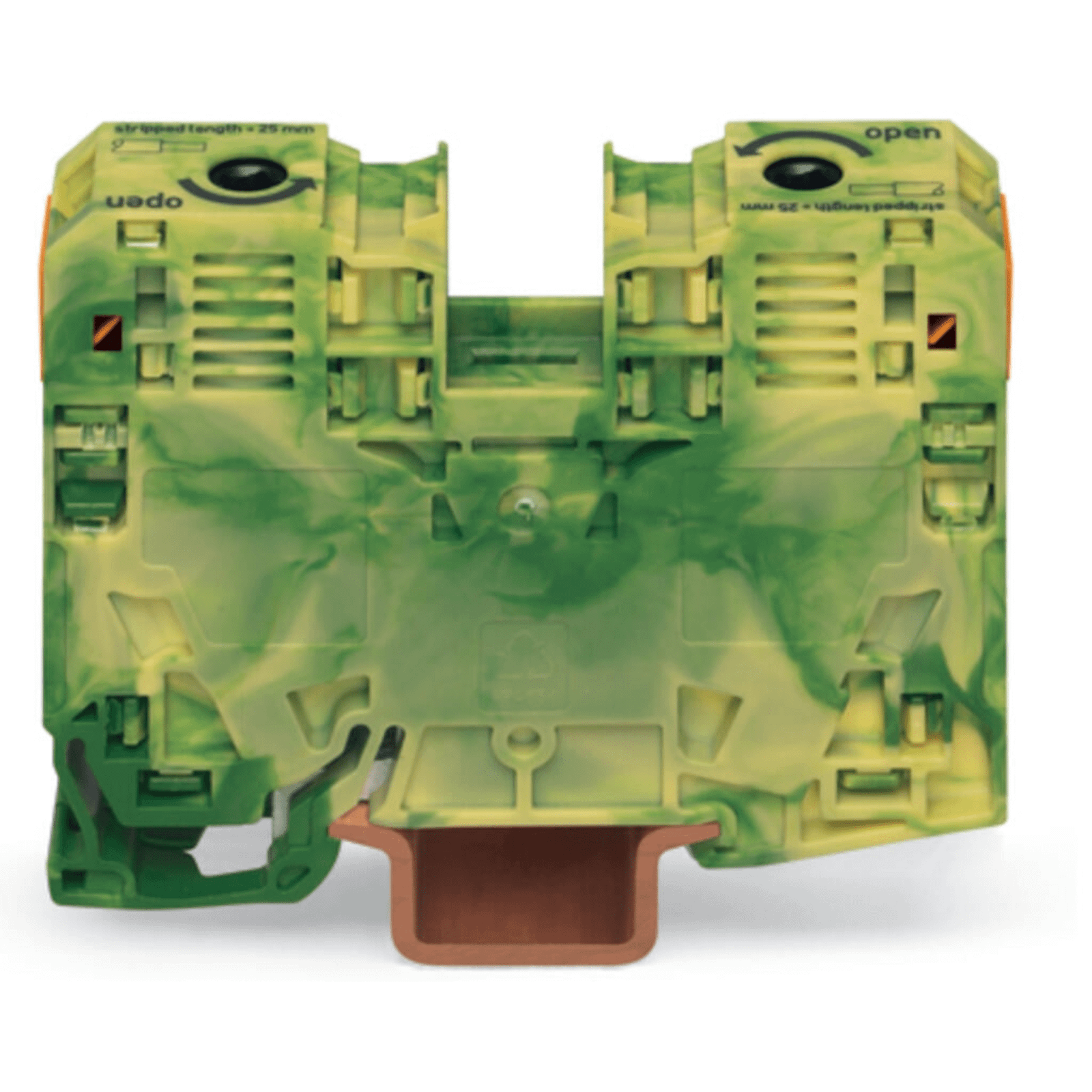 Borna de Tierra, 2 Conductores 35 mm², POWER CAGE CLAMP, Poliamida PA66, Montaje Carril DIN 35x15, Verde-Amarillo, Aplicaciones Ferroviarias y Marinas