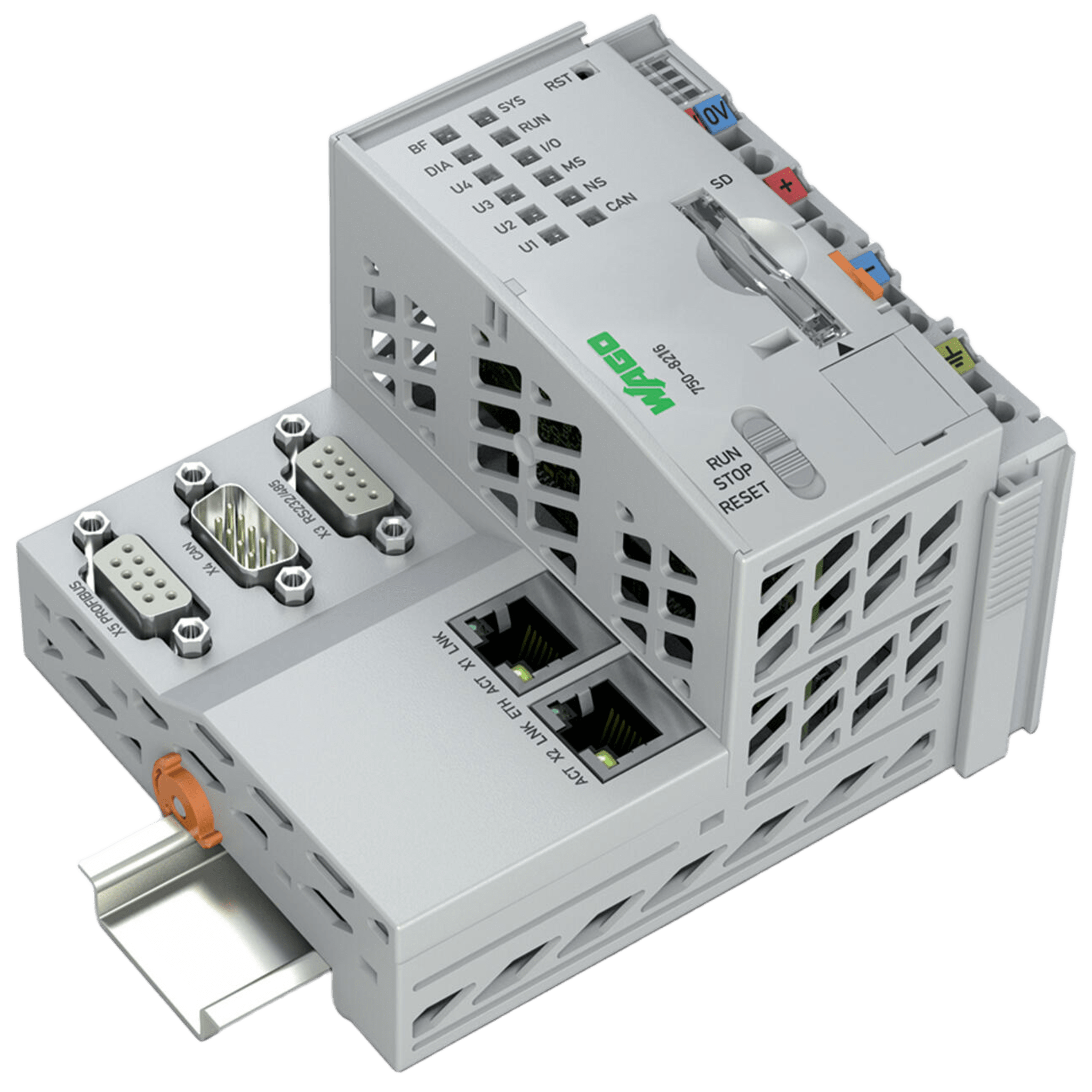 Controlador PFC200 PLC / 2ª Generación / 2 x ETHERNET 10/100 Mbps / RS-232/485 / CAN / CANopen / PROFIBUS-Slave / Cortex A8 1 GHz / 512 MB RAM / 4096 MB Flash / CODESYS V3.5 / e!COCKPIT / Linux RT / IP20 / -20...+60°C