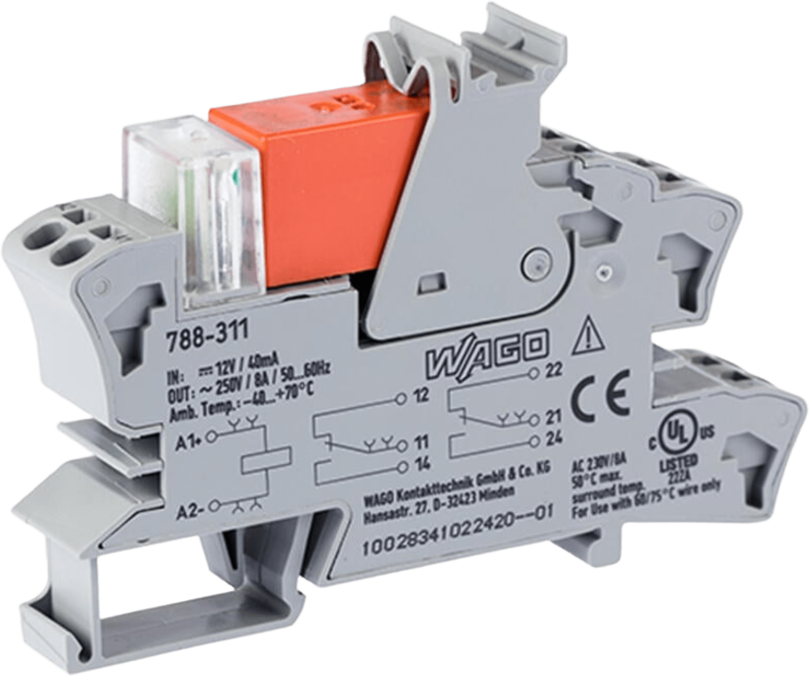 Módulo Relé / 12V DC / 8A / 2 Inversores / LED Rojo / Push-in CAGE CLAMP® / Montaje Carril DIN / IP20 / Gris