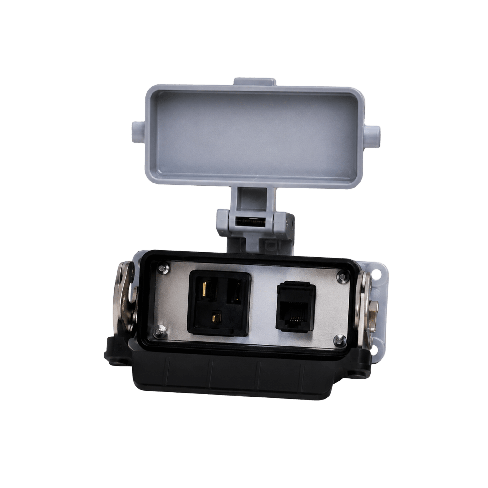 Puerto de Interfaz Bulkhead / Tomacorriente Simple Con Una Conexión de Interfaz RJ45/ Montaje en Panel / Acceso Externo / Conexiones Energía y Programación / Sellado Hermético IP / Carcasa Metálica