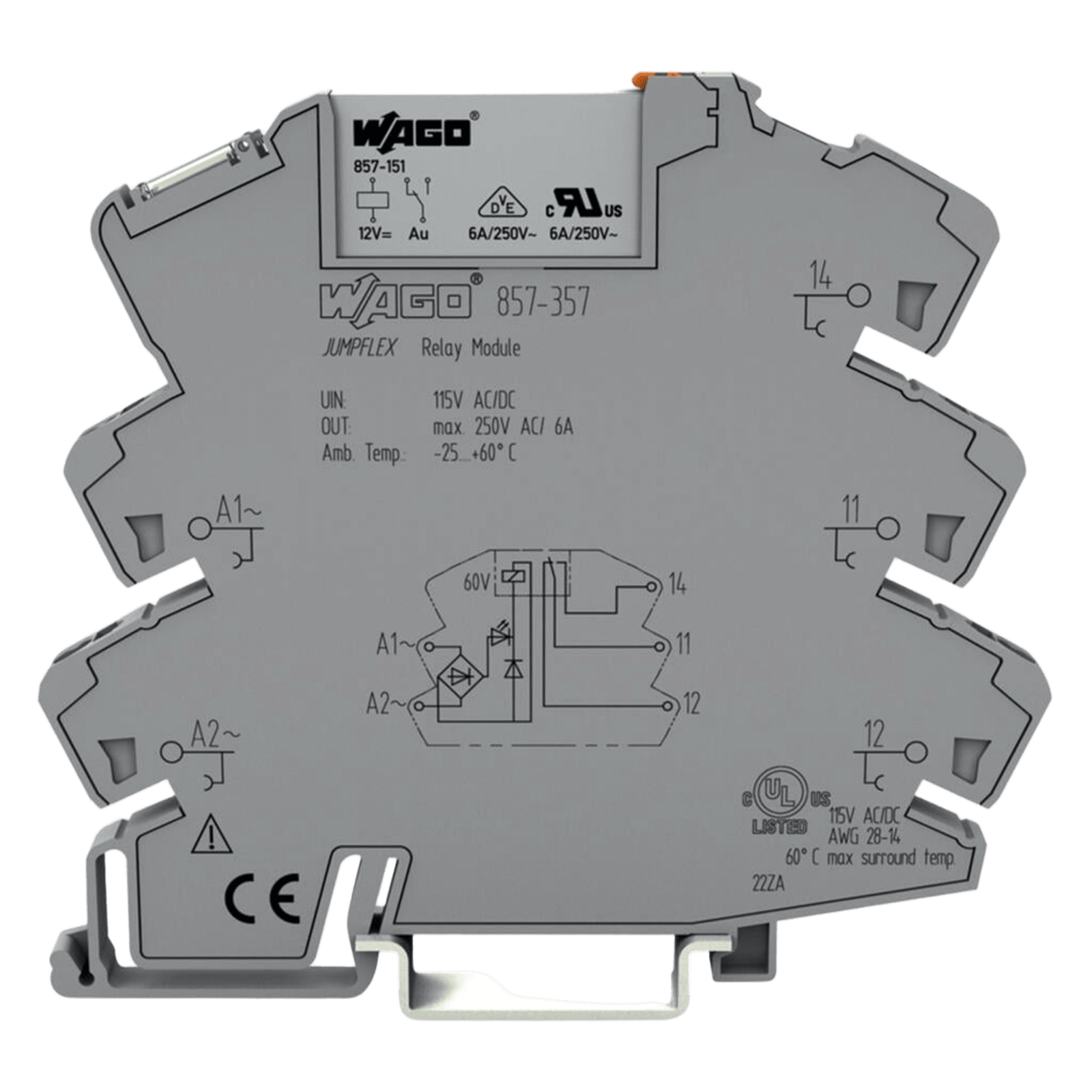 Módulo Relé WAGO / 115V AC/DC / 1 Inversor / 6A Corriente Permanente / Indicador LED Amarillo / Push-in CAGE CLAMP® / Aislamiento Reforzado / IP20 / Carril DIN