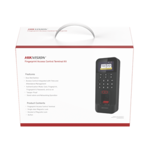 [Caja Abierta] Kit de Control de Acceso TODO INCLUIDO con Lector de Huellas y Tarjetas / 3,000 Huellas / Compatible con App Hik-Connect / Incluye Electroimán Botón de Salida y Montajes Z y L para imán (DS-K1T804)