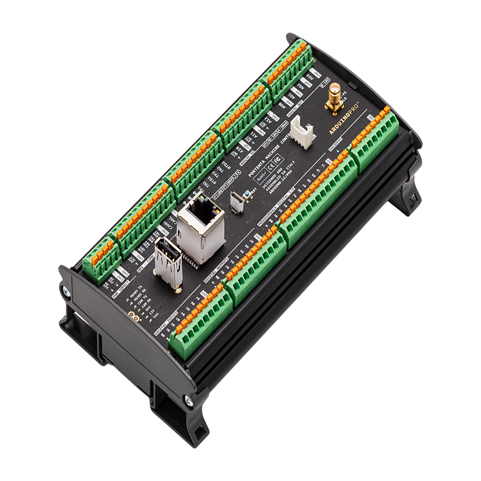Controlador Industrial Arduino Portenta Machine Control / STM32H747XI Dual Cortex / 24V DC / 8 Entradas Digitales / 8 Salidas Digitales / 12 I/O Programables / 3 Entradas Analógicas / 4 Salidas Analógicas / 3 Canales Temperatura / CAN / Ethe