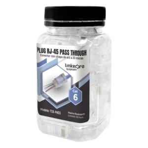 Bote de Plugs Pass Through RJ45 Cat6 / 100 Piezas / Sin Blindaje / Chapado Oro 30 Micras / Diseño Monopieza