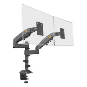 Brazo de Escritorio para 2 Monitores / 17 a 27 Pulgadas / Carga 9 kg por Monitor / VESA 75x75 y 100x100 / Rotación 360° / Amortiguador de Gas / Acero