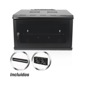 Gabinete de Pared 19 in / 6U / Profundidad 455 mm / Carga 60 kg / Puerta Perforada / 2 Ventiladores / Panel Cepillo