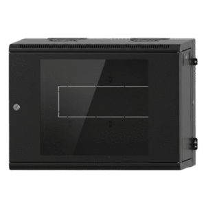 Gabinete Rackeable / 09 Unidades / Pared 19 Pulgadas / Puerta de Cristal / Acero Calibres 18-22 / Carga 80 kg / Dimensiones 634x632x468 mm (25x24.9x18.4 in) / Abatible 120° / Ventilación