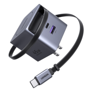 Cargador Rápido / 45W GaN / Cable Retráctil 0.7 m (2.3 ft) / 3 Puertos / Eficiencia 95% / Protección 8 Capas / 100-240V AC