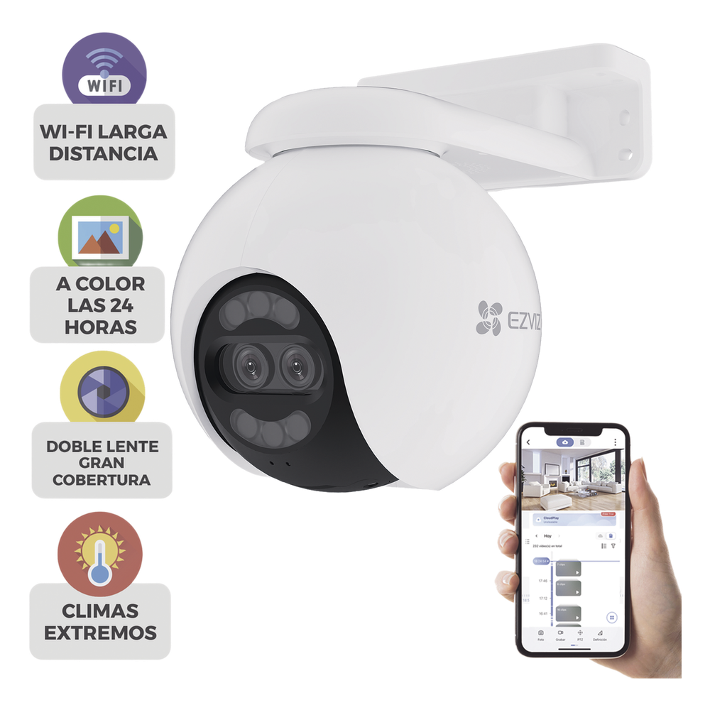 Cámara PT IP / 4K Ultra HD / Panorámica 360° / Visión Nocturna Color 30 m (98.4 ft) / Lente Dual / Wi-Fi / IP65