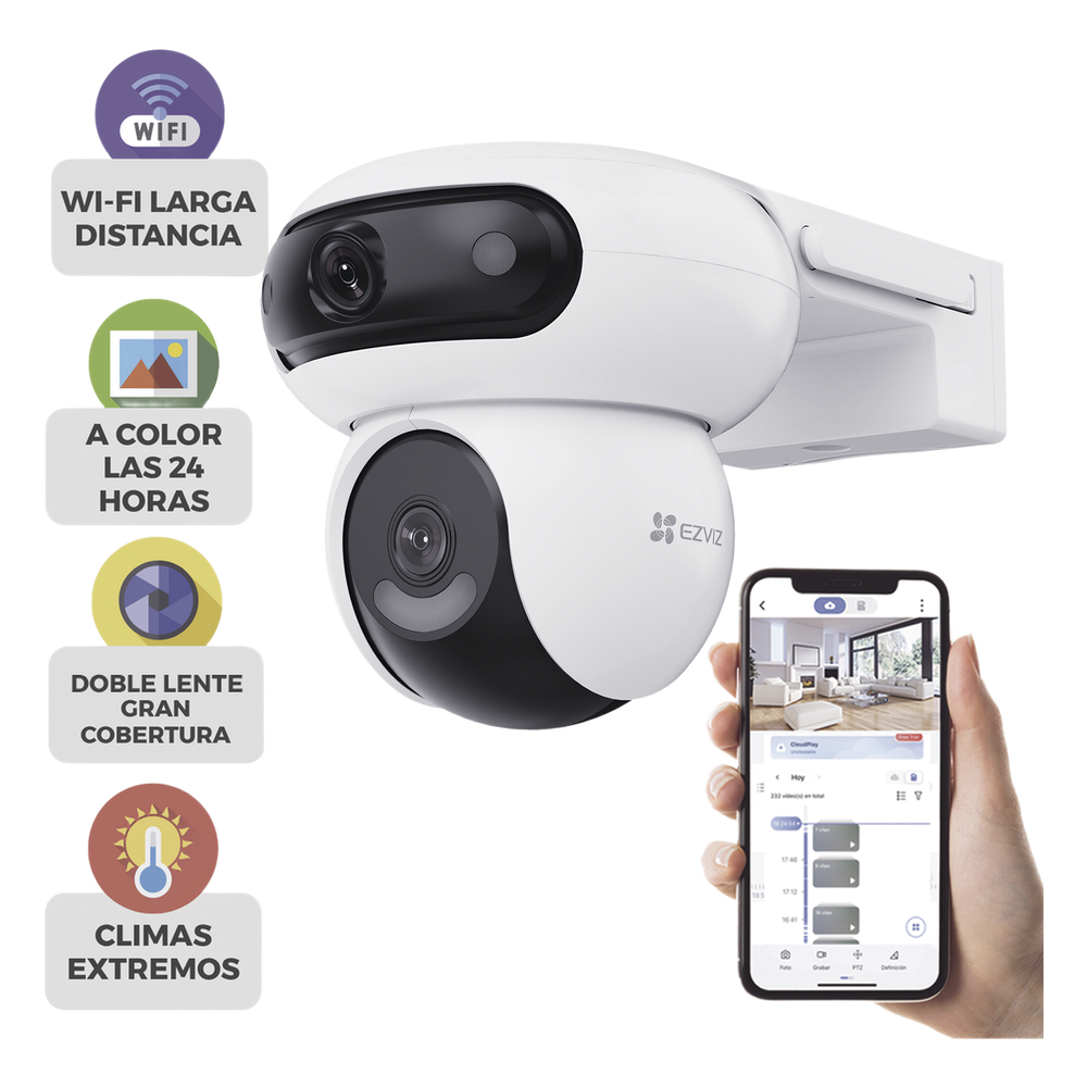 Cámara PT IP / Dual Lente 4MP+4MP / Rotación 360° / Visión Nocturna Color 40 m (131.2 ft) / Audio Bidireccional / IP65