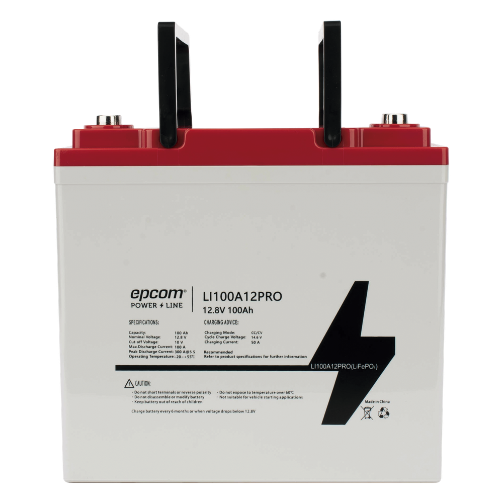 Batería LiFePO4 Ciclo Profundo / 12.8 Vcc / 100 Ah / Descarga 100 A / 3500 Ciclos / Rango -20°C a +60°C / Carga CC/CV 14.4 Vcc