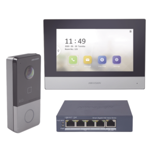 Kit de Videoportero IP / Pantalla Táctil 7" / Cámara 1080p / IR Nocturno 3 m (9.8 ft) / IP65 / PoE / Apertura MIFARE / App Móvil