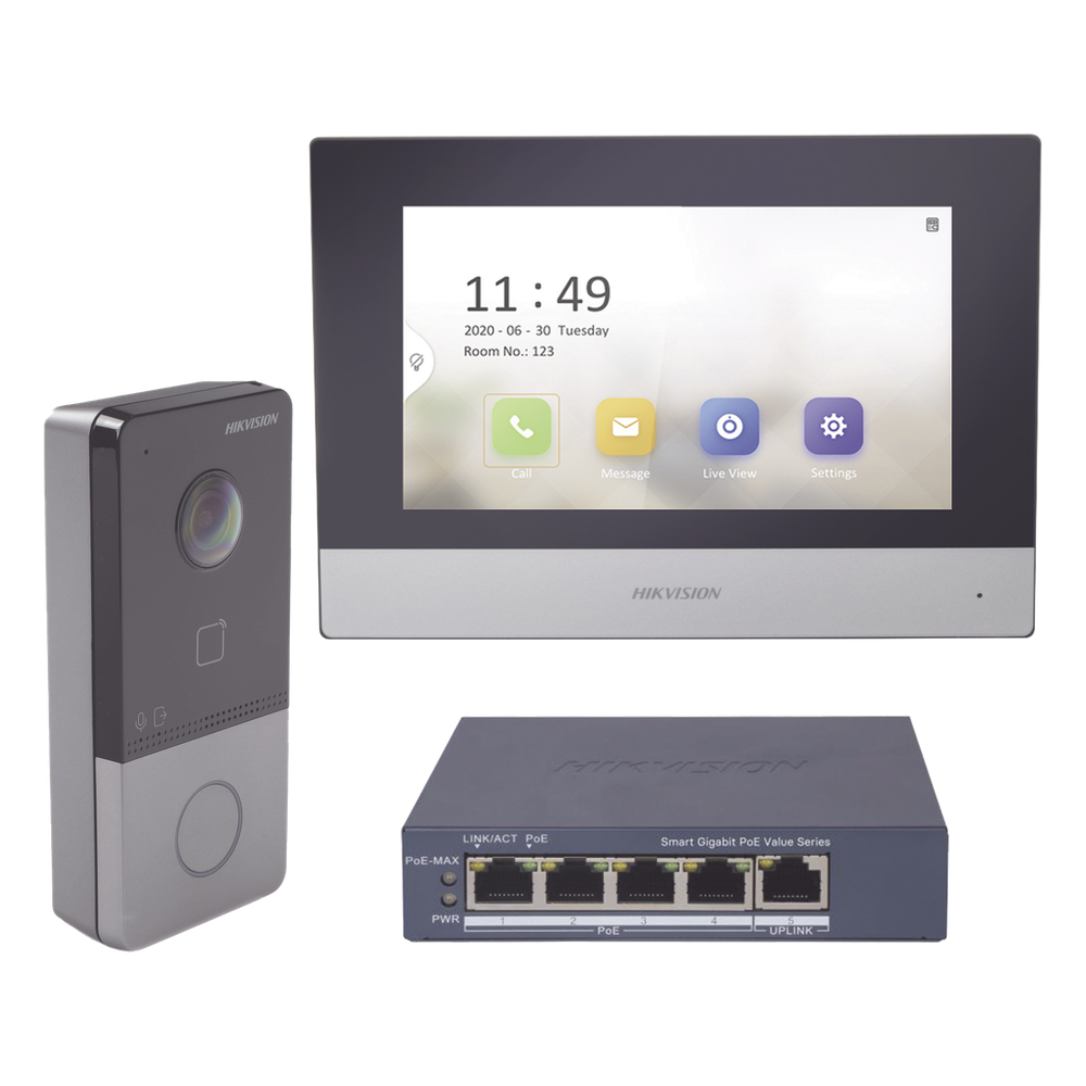 Kit de Videoportero IP / Pantalla Táctil 7" / Cámara 1080p / IR Nocturno 3 m (9.8 ft) / IP65 / PoE / Apertura MIFARE / App Móvil