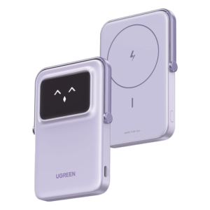 Power Bank Inalambrico | 5000mAh | 7.5W | Con Emojis de Estado | Carga Rápida USB-C Bidireccional | Pantalla TFT Inteligente | 13 niveles de Proteccion | Con Holder | Color Purple.