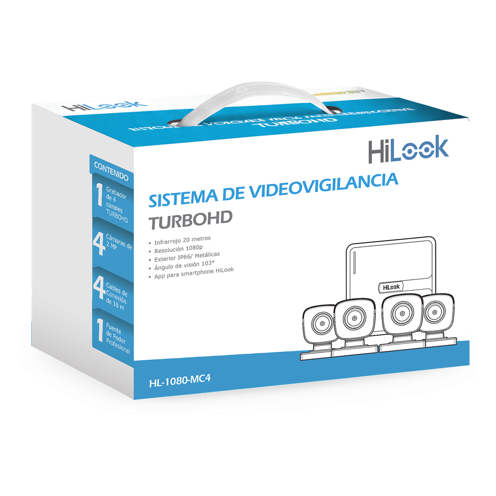 Kit TurboHD / 4 Canales / 4 Cámaras Bala 2 Megapixel / IR 20 m (65.6 ft) / H.265+ / IP66 / HDMI y VGA Simultáneo