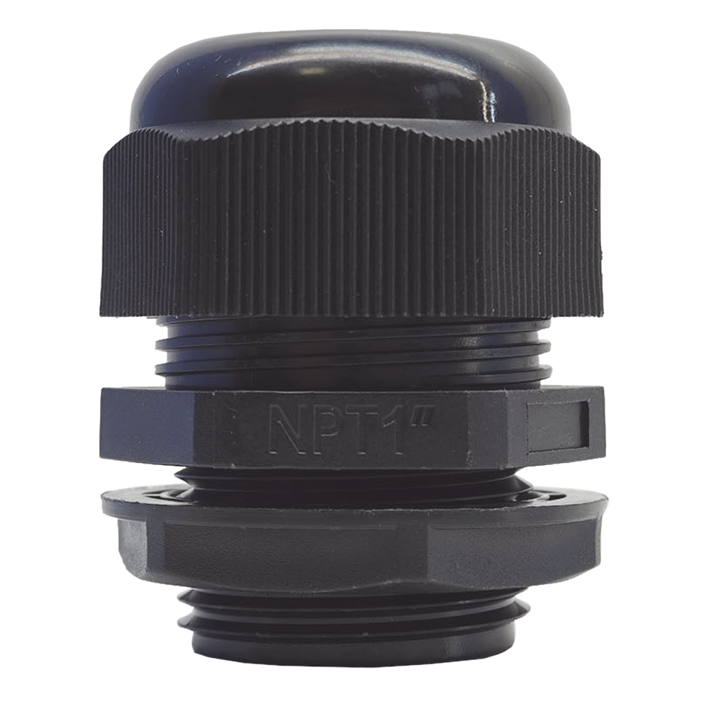Conector Glándula Plástico / Rosca NPT 1" (25.4 mm) / Rango de Cable 16-22 mm / Color Negro / 7 Dimensiones Precisas