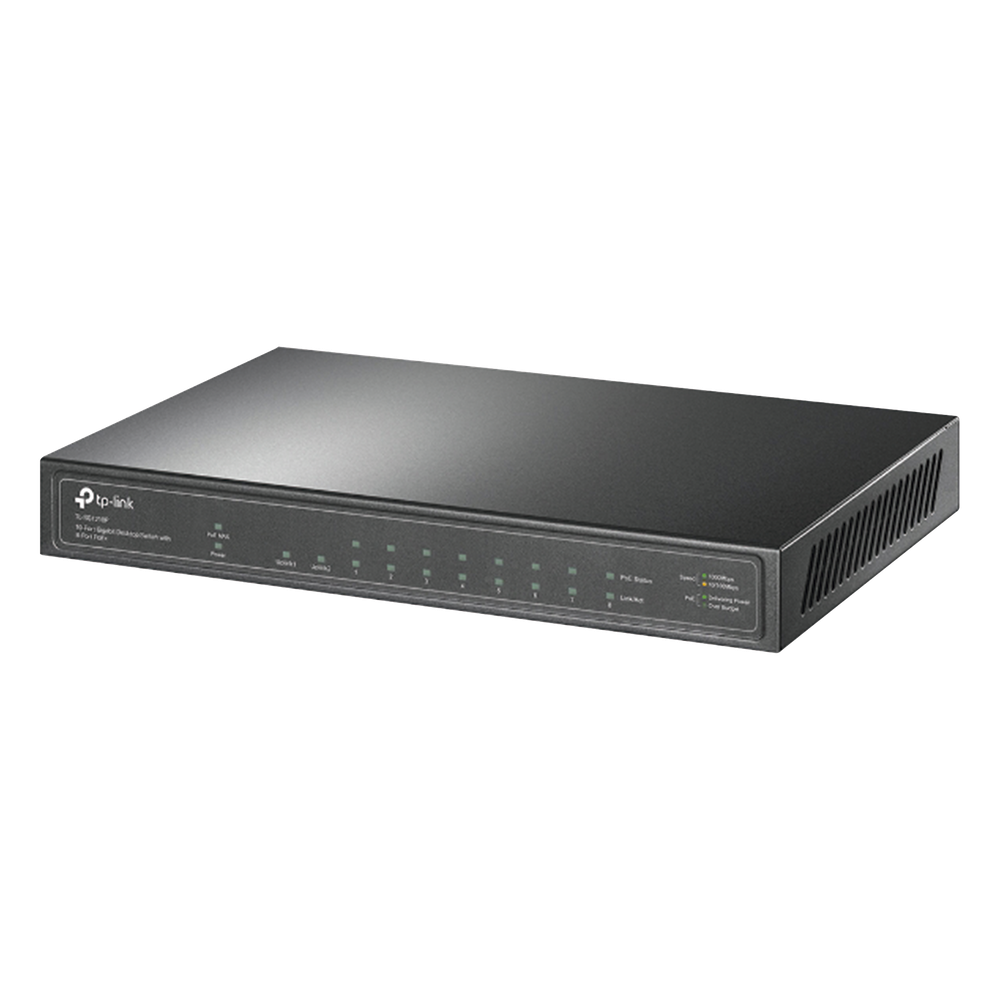 Switch PoE+ / 8 Puertos Gigabit PoE+ / 1 Puerto Gigabit Uplink / 1 Puerto SFP / 63W PoE Total / 20 Gbps