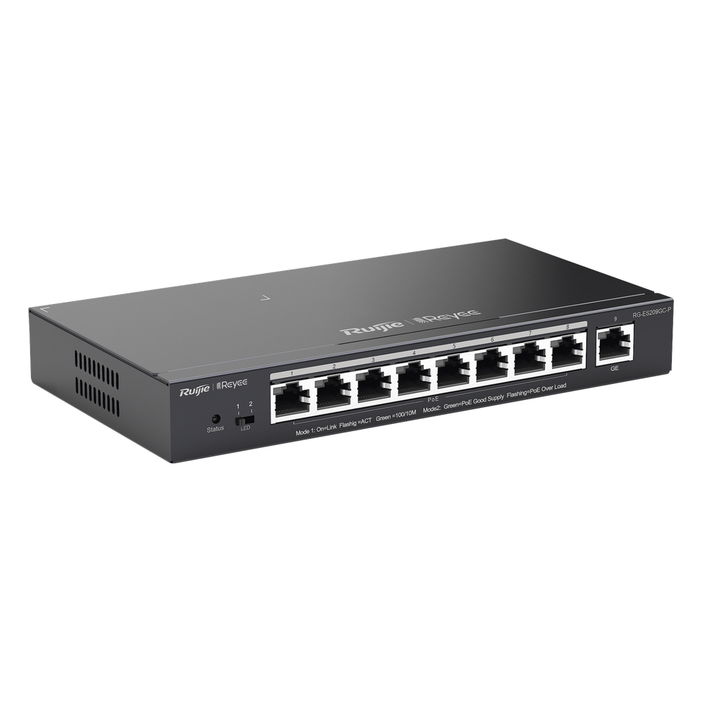 Switch Administrable PoE+ / 9 Puertos Gigabit / 8 Puertos PoE+ 802.3af/at / 120 W / Alcance Extendido 250 m (820.2 ft) / Sin Ventilador