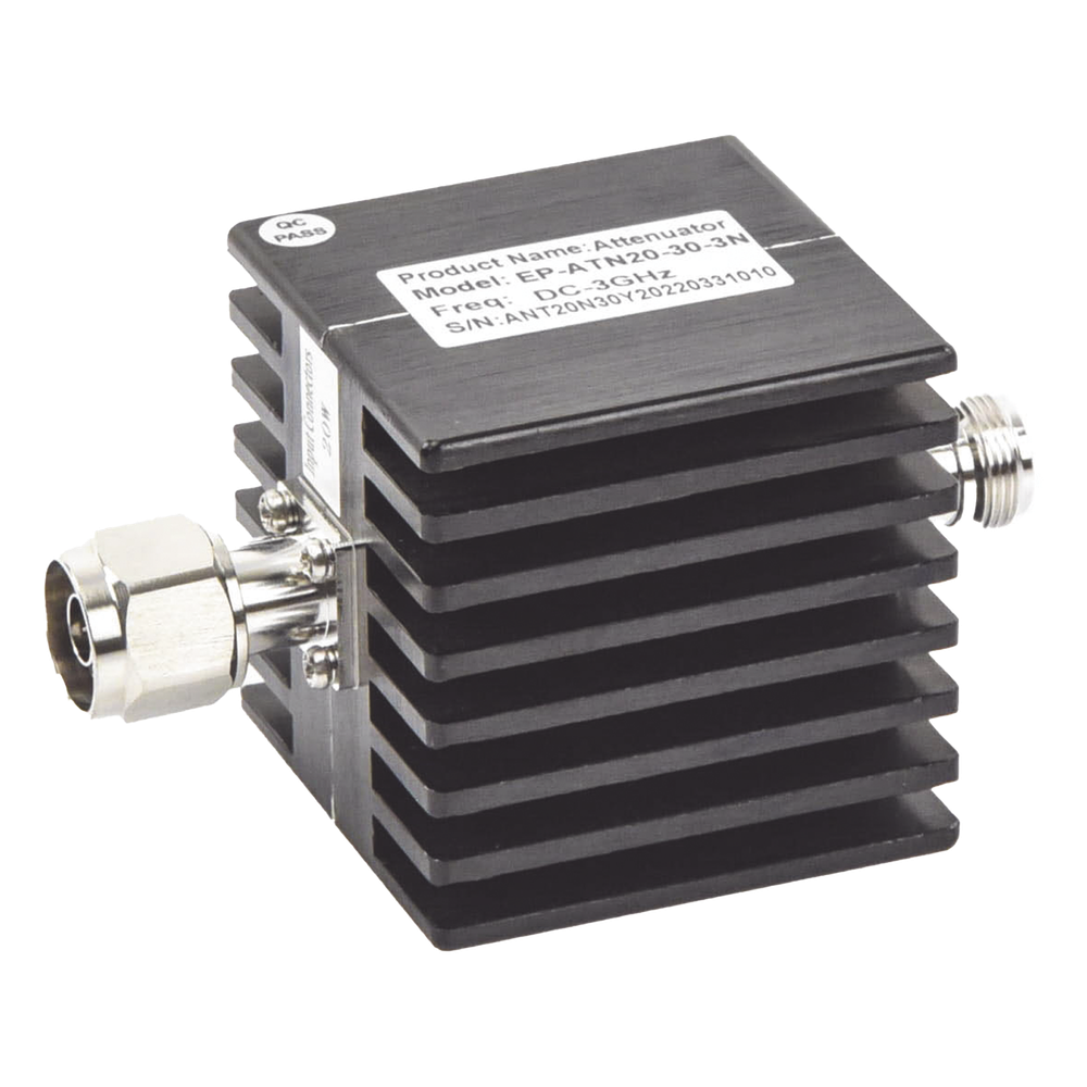 Atenuador en Línea RF / 30 dB / 0-3 GHz / 20 W / VSWR <1.2 / Conector N Macho-Hembra / Uso Interior