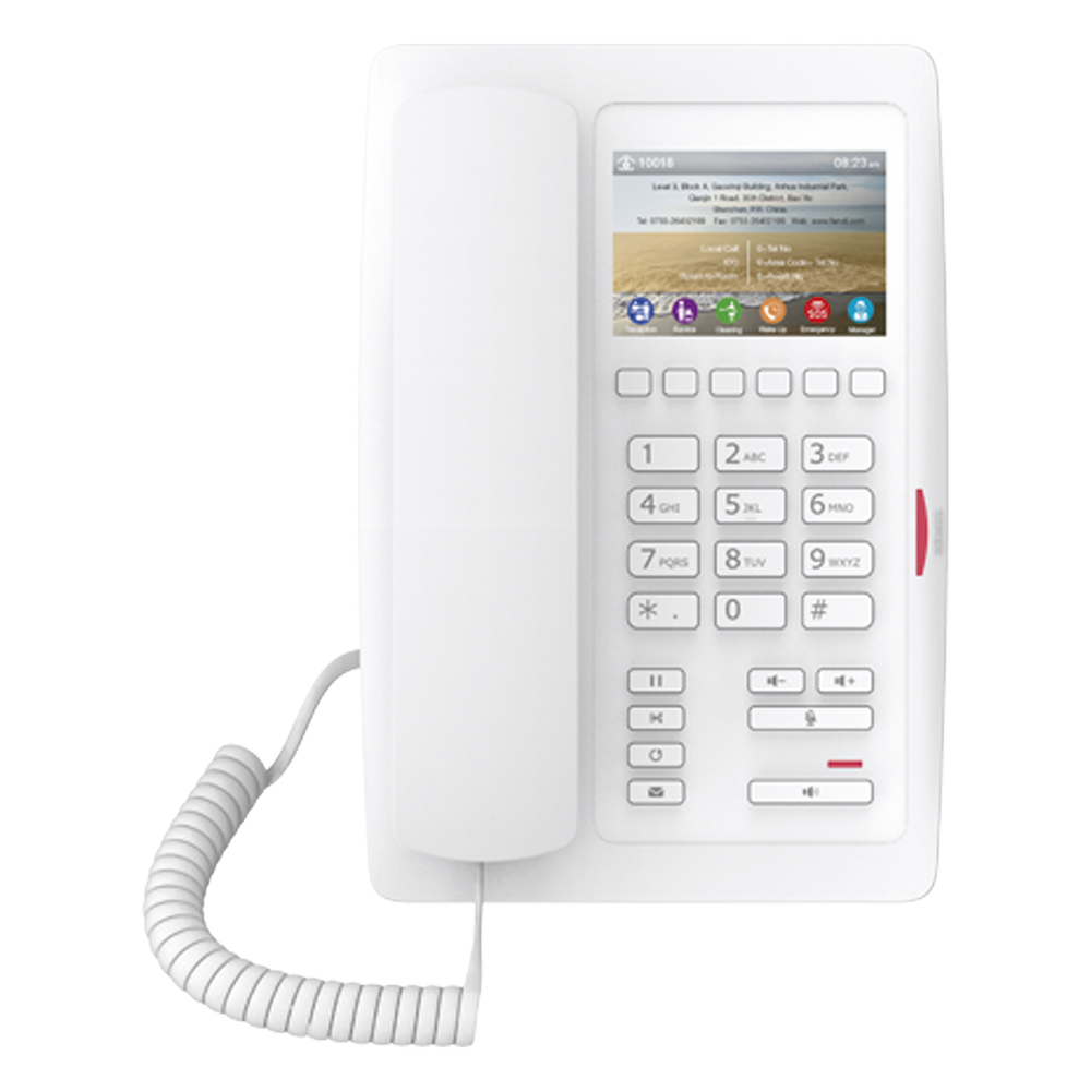 Teléfono IP para Hotelería / Pantalla LCD 3.5" / 6 Teclas Programables / PoE 802.3af / Dual Ethernet 10/100 Mbps / Modo Puente PC