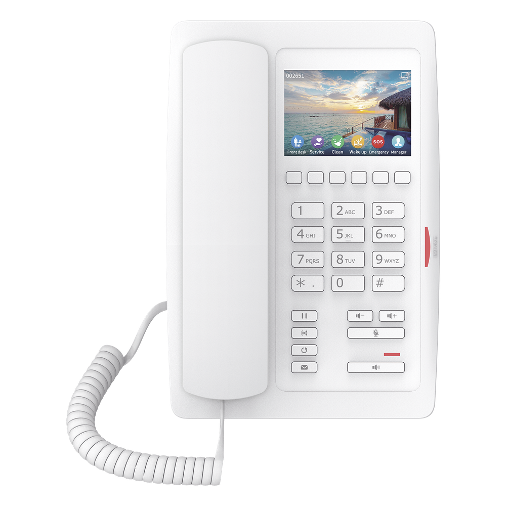 Teléfono IP WiFi para Hotelería / Pantalla LCD 3.5" Color / 6 Teclas Programables Hotline / PoE 802.3af / WiFi 2.4GHz / Audio HD Opus / Decodificación Video H.264 1080p