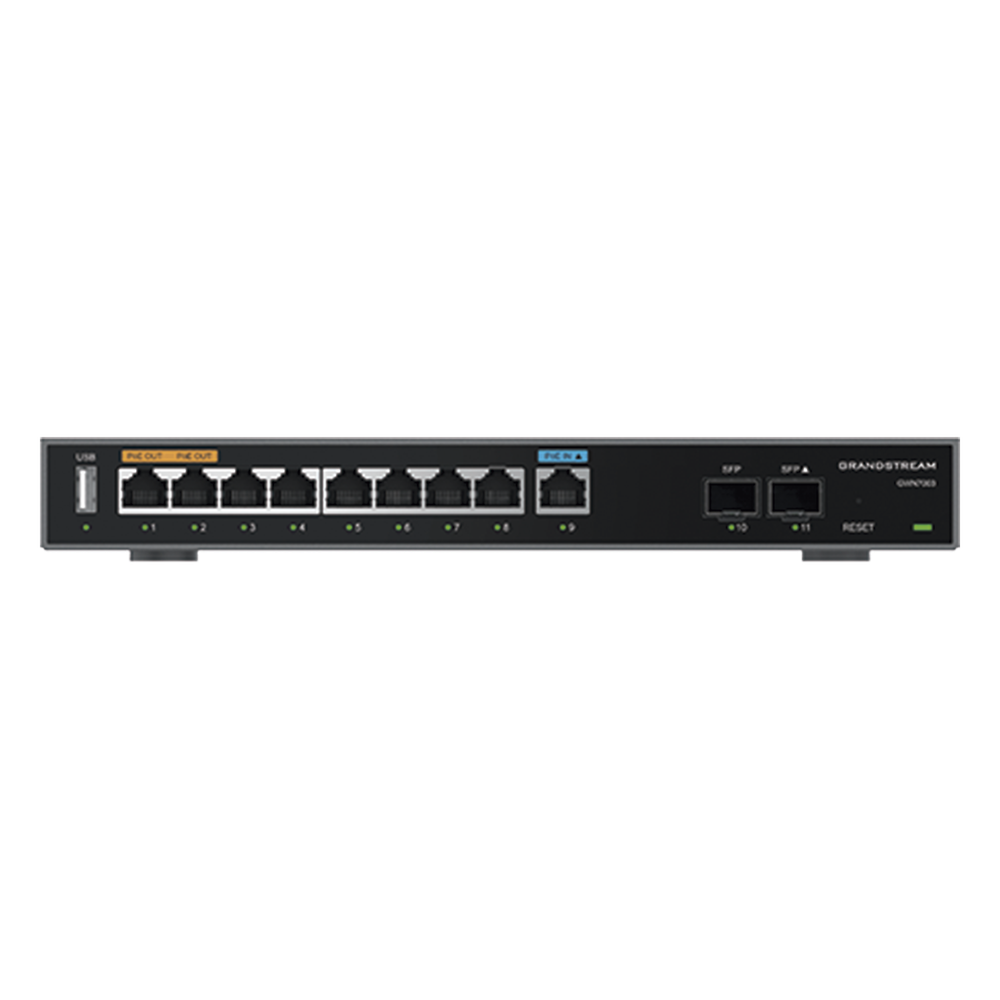 Router Gigabit VPN / Balanceador de cargas / 60,000 sesiones NAT / 9 puertos 10/100/1000 Mbps + 2 puertos SFP (WAN/LAN) / 1 puerto entrada PoE(af/at) / 2 puertos salida PoE (af/at) / Compatible con GWN Cloud.