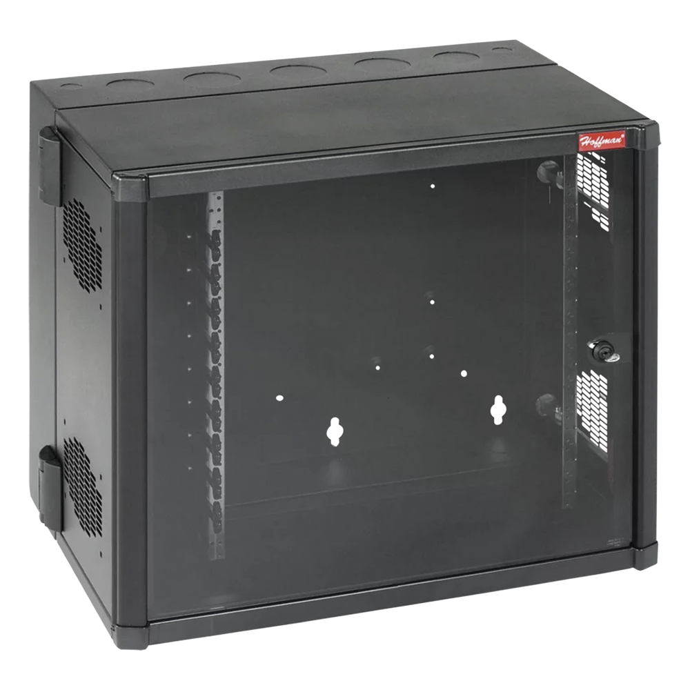 Gabinete AccessPlus de Montaje 26 UR en Pared de 19in, Rieles Numerados y Roscados #10-32, Puerta con Ventana de Seguridad, 700 mm de Ancho, 637 mm de Profundidad, Color Negro