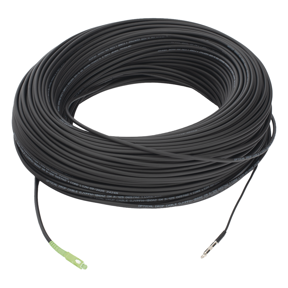 Cable de Fibra Óptica Drop / G.657A2 Monomodo / SC/APC a SC/APC / 200 m (656.2 ft) / LS0H / Unifibra / Interior/Exterior