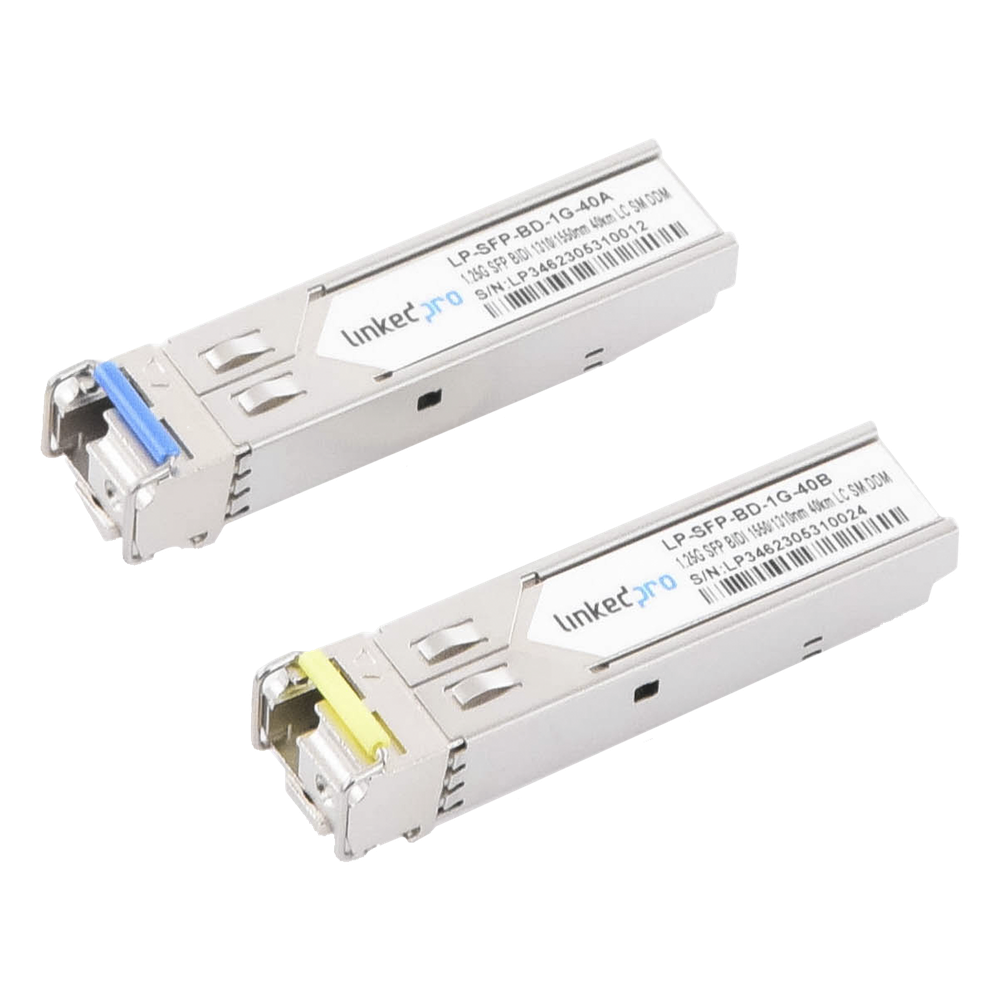 Transceptor Óptico SFP Bidireccional / 1.25 Gbps / Monomodo 1310/1550 nm / Alcance 40 km (131233.6 ft) / LC/UPC Simplex / DDM / Hot-Pluggable / 2 Piezas
