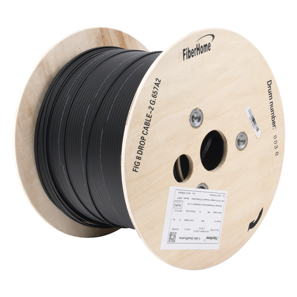 Carrete de 1 km de Fibra Óptica Aérea Mini Figura 8 G.657A2 Tipo Drop, Monomodo de 2 Hilos (Bifibra), Diseñada para Fusionarse, Color Negro, Span 80, (No Soporta Conectores Mecánicos)