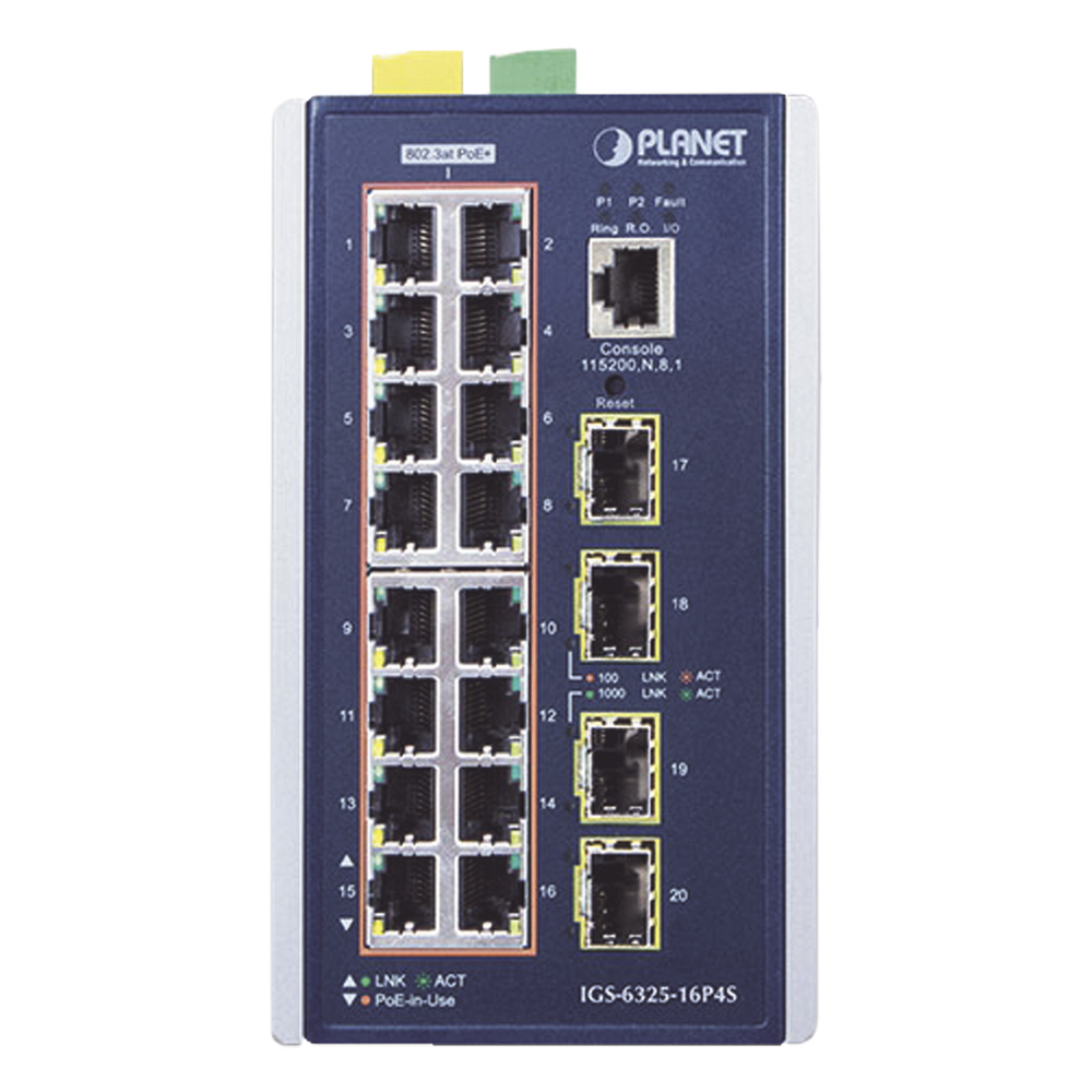 Switch Industrial Capa 3 PoE+ / 16 Puertos 10/100/1000T / 4 Puertos SFP 1G/2.5G / -40°C a 75°C / IP30