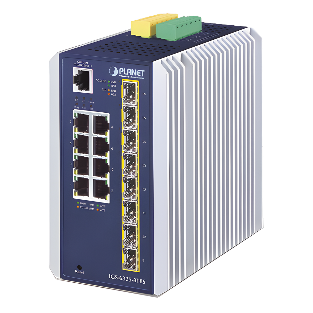 Switch Industrial Capa 3 / 8 Puertos 10/100/1000T / 8 Puertos SFP 1G/2.5G / IP30 / -40 a 75°C / 56 Gbps