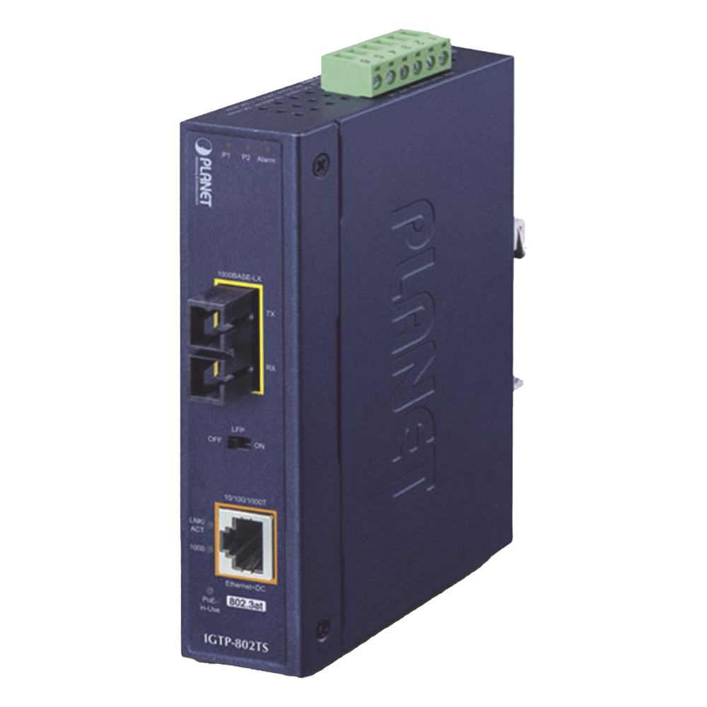 Convertidor de Medios Industrial PoE+ / 1000BASE-LX a 10/100/1000BASE-T / 802.3at / SC Monomodo / 20 km / -40 a 75 °C / IP30 DIN