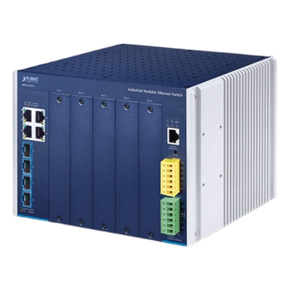 Switch Modular Industrial Capa 3 / 5 Slots / 4 Puertos Gigabit RJ45 / 4 Puertos SFP+ 10G / Rango -40~75°C / Entrada 12-48V / IPv6/IPv4