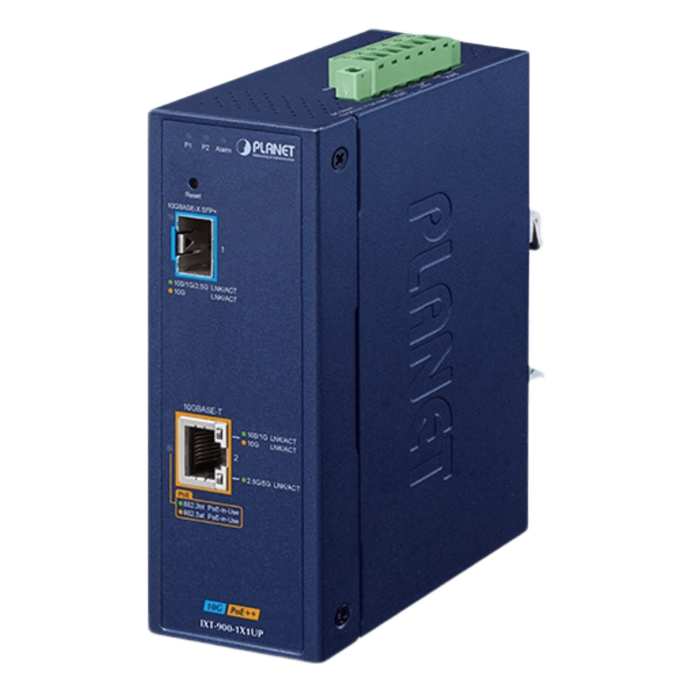 Convertidor de Medios PoE Industrial / 10G SFP+ y 10GBASE-T / PoE++ 95W / -40 a 75°C (-40 a 167°F) / SNMPv3, VLAN, ERPS, QoS / Dual Alimentación 12-54V