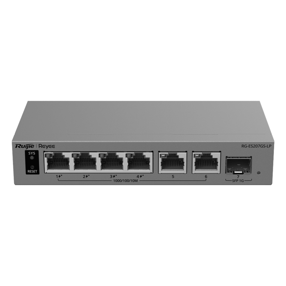 Switch Capa 2 Smart Cloud Managed / 7 Puertos Gigabit / 2 PoE++ 802.3bt + 2 PoE+ 802.3at / 1 Puerto SFP 1GE / Presupuesto PoE 120 W / Protección contra Sobretensiones 6 kV / PoE Permanente / Gestión en la Nube Ruijie Cloud / Gabinete Met&amp