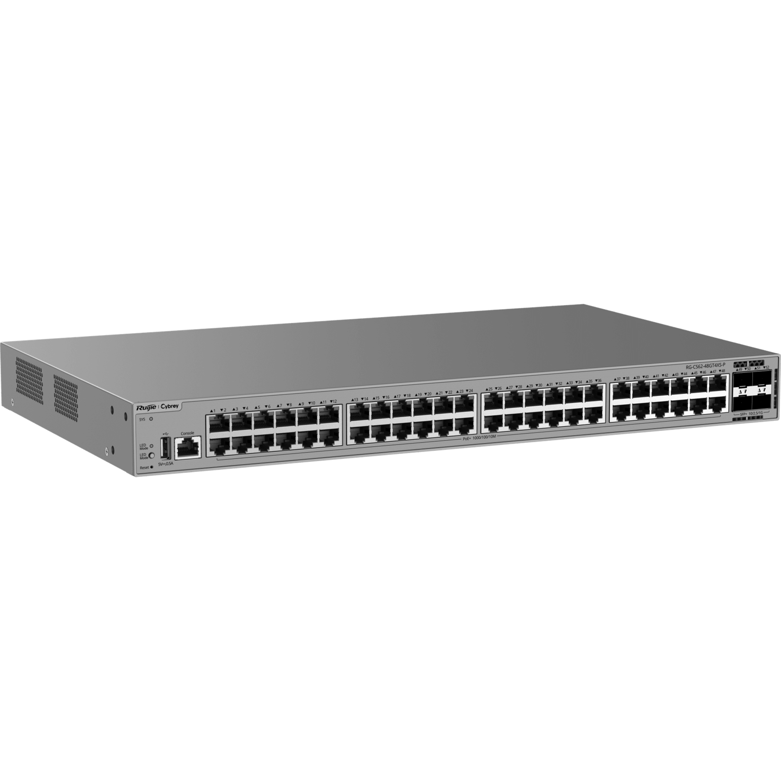 Switch Gigabit PoE+ 48 Puertos / 4 Puertos SFP+ 10GE / Capacidad de Conmutación 176 Gbps / Tasa de Reenvío 130.944 Mpps / PoE 370 W / Capa 3 / VSU / Ventilación Forzada / 1 RU / Línea Cybrey