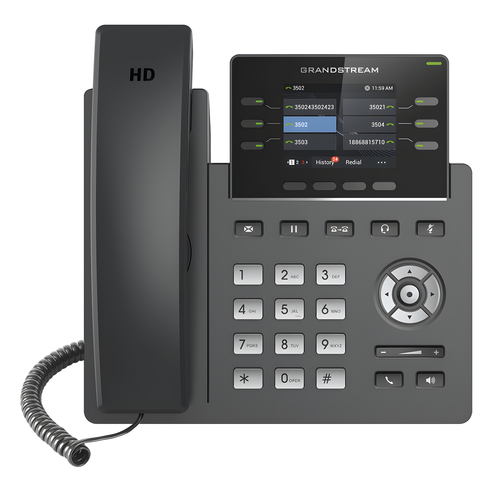 Teléfono IP Grado Operador, 3 líneas SIP con 6 cuentas, puertos Gigabit,PoE,  pantalla a color 2.4", codec Opus, IPV4/IPV6 con gestión en la nube GDMS
