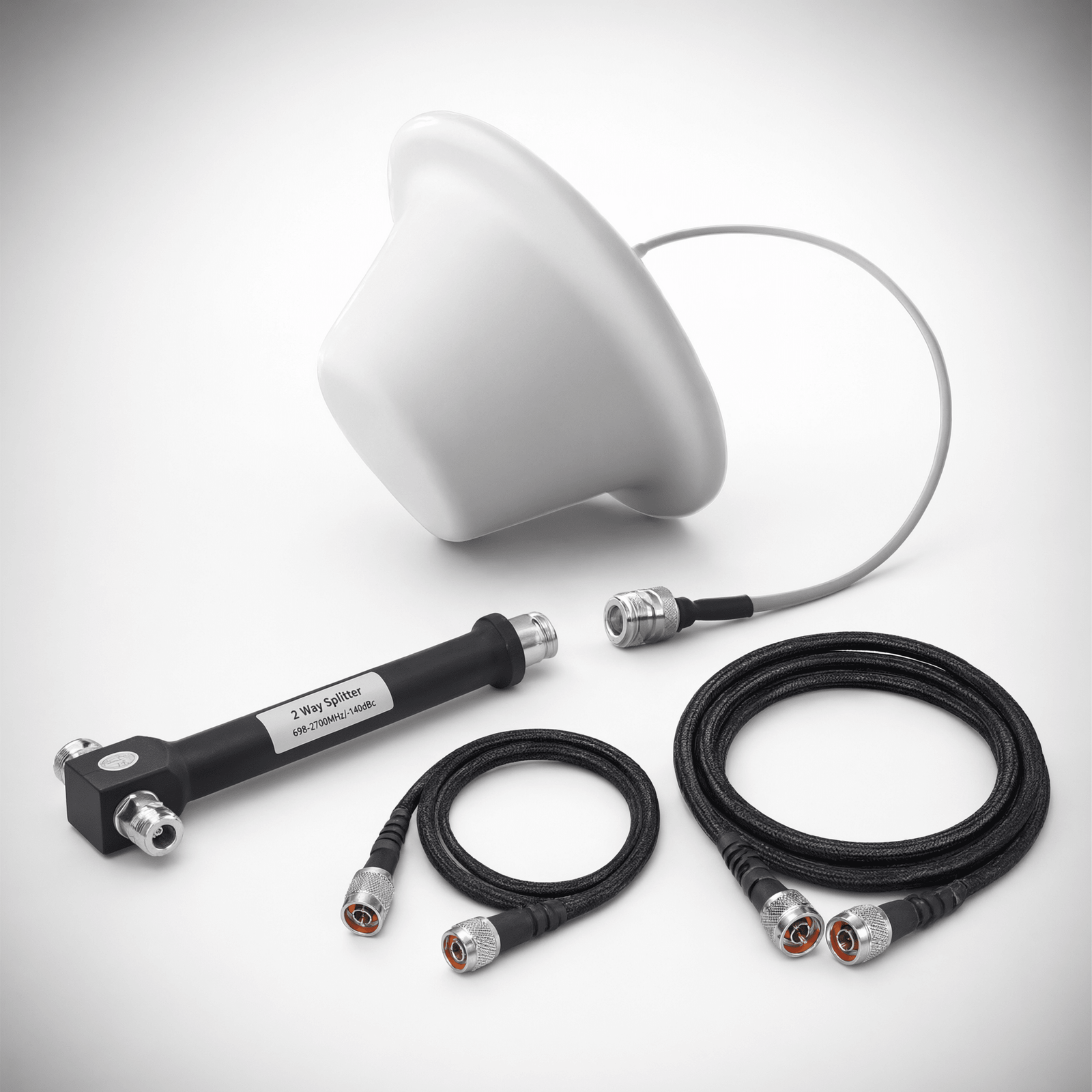 Kit de Antena Omnidireccional tipo Domo y Divisor de Potencia de 2 salidas / Jumpers Coaxiales de 3 y 15 m con conectores N macho