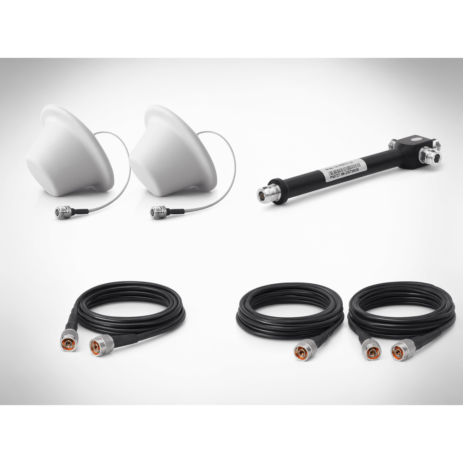 Kit de 2 Antenas Omnidireccional tipo Domo y Divisor de Potencia de 3 salidas / Jumpers Coaxiales de 3 m y dos de 15 m con conectores N macho