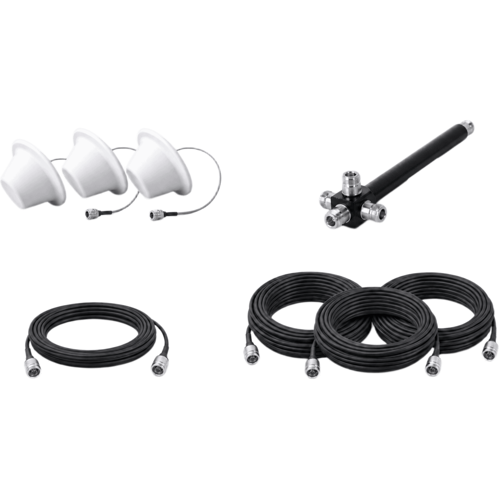 Kit de 3 Antenas Omnidireccionales tipo Domo y Divisor de Potencia de 4 salidas / Jumpers Coaxiales de 3 m y tres de 15 m con conectores N macho